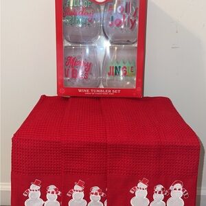 Holiday Wine Tumbler Set with Red Snowman Towel